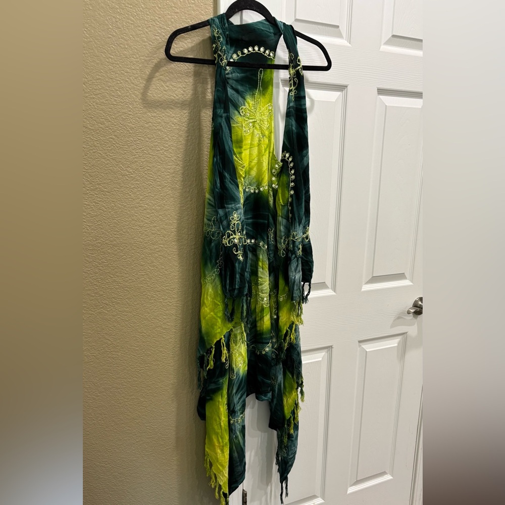 Green and Yellow Tie-Dye Halter swim cover one size - Picture 2 of 8